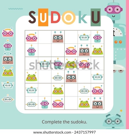 Robot Puzzle game for children. Robotic Creatures in Sudoku. Vector illustration. Robot Sudoku for kids activity book. Book square format.