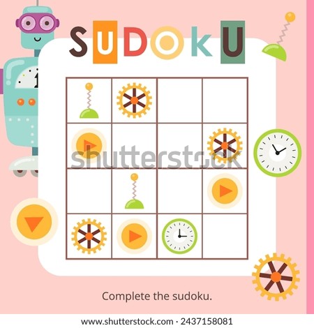 Robot Puzzle game for children. Robotic in Sudoku. Vector illustration. Robot Sudoku for kids activity book. Book square format.