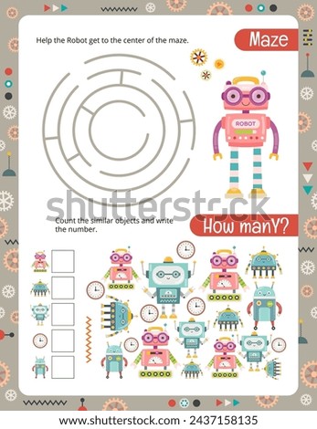 Robot Activity Pages for Book. Printable worksheet with Robots Activities – Maze, math game. Vector illustration.