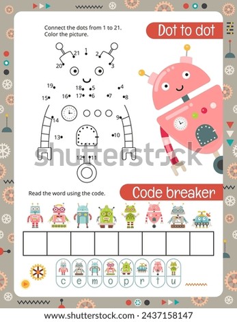 Activity Pages for Kids. Printable Activity Sheet with Robots Activities – Word Code breaker, Dot to dot. Vector illustration.