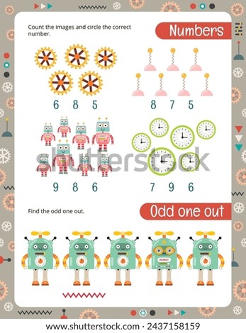 Activity Page for Kids. Printable Activity worksheet with Robot Math Activities – counting game, logic game. Vector illustration.