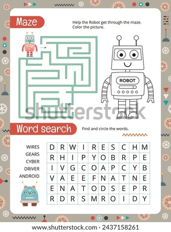 Activity Pages for Kids. Printable Activity Sheet with Cute Robots Mini Games – Word Search, Maze. Page for Children Activity Book. Vector illustration.