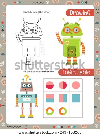 Activity Pages for Kids. Printable Activity Sheet with Cute Robots Mini Games – Finish robot, Logic table. Page for Children Activity Book. Vector illustration.