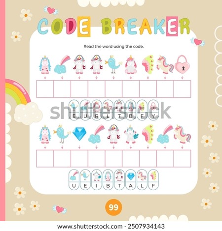 Unicorn activities for kids. Find the hidden words in Code Breaker. Logic games for children. Vector illustration. Square page for Activity Book.