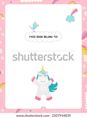 Kids book page Belongs to template with Unicorn. Vector illustration.