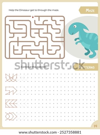 Activity Pages for Kids book. Printable Activity Sheet with dinosaurs Activities –  maze, continue patterns. Vector illustration.