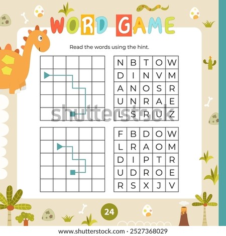 Dinosaur activities for kids. Word game. Read the words using the hint. Fillword for children. Vector illustration. Book square format. Game to boost reading skills.