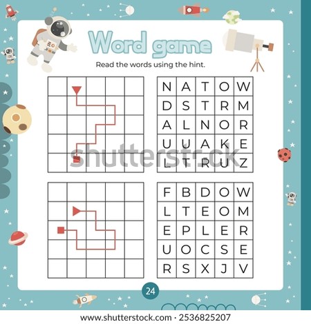 Outer Space activities for kids. Word game. Read the words using the hint. Fillword for children. Vector illustration. Book square format. Game to boost reading skills.