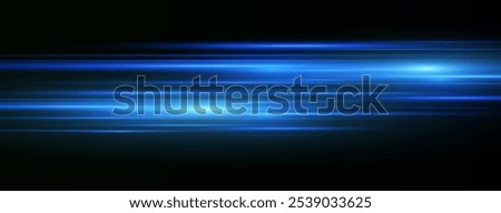 Blue laser beams isolated on black background. Abstract light effect. Blue lens flash. Horizontal rays glowing in the dark. Speed ​​vector illustration, road.