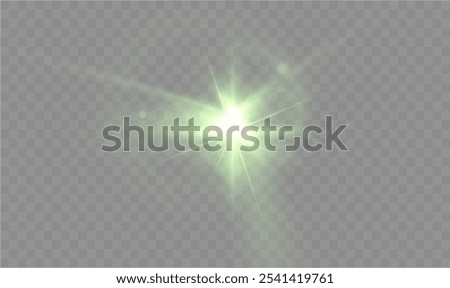 Light green star. Light sunny sparkle. White light flash green. Vector illustrator. lighting effects. Beam a spotlight and a star with bokeh and dust. Glowing abstract isolated lenses light effects.