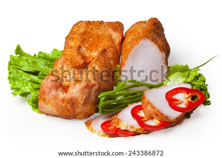 The composition of uncooked jerked isolated pork on a white background