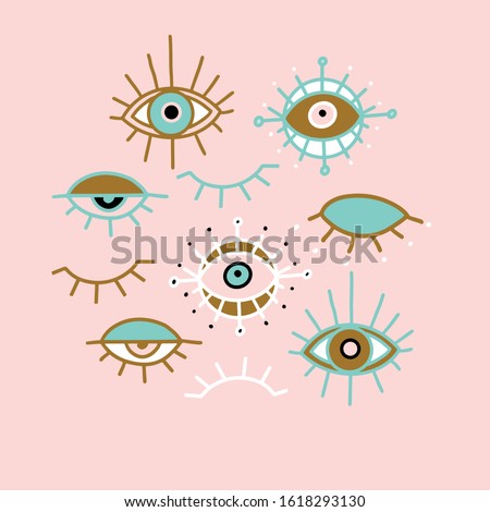 Evil eye pastel vector isolated doodle illustration. Magic, witchcraft, occult symbol, clip art line art collection. Hamsa eye, karma, magical eye, decor element. Pink, green, golden eyes. 