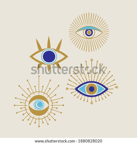 Evil eye golden and blue vector isolated doodle illustration. Magic, witchcraft, occult symbol, clip art line art collection. Hamsa eye, karma, magical eye, decor element.  