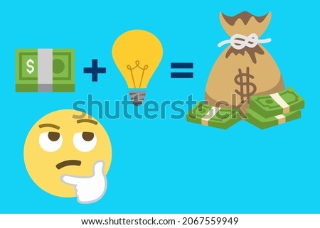 thinking face,dollar banknotes,light bulb,money bag,plus and equal sign on blue background,money and idea emoji concept,vector illustration