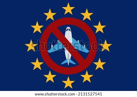 European flag and prohibition sign against airplane,no-fly zone concept,vector illustration