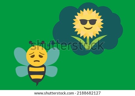 disappointed bee and thought bubble with cheerful sunflower with sunglassess,on green background copy space,emoji concept vector illustration