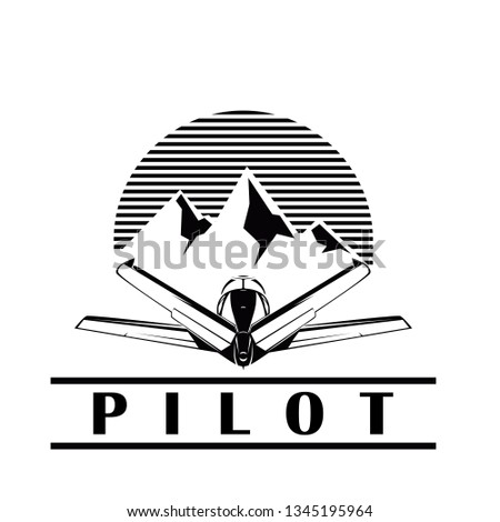 pilot logo with mountain vector and aircraft visible from behind. Black pilot logo. V tail plane logo