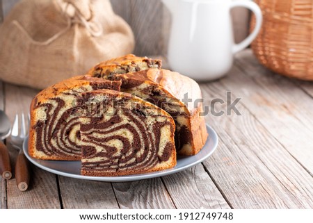 Homemade marble cake chocolate. Chocolate Vanilla Zebra Pie. Sweet pastries. Simple homemade food. Place for text