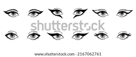 Collection of various types of eyeline makeup. Beautiful woman eyes with black arrows. Illustration how look can change depending of make-up.