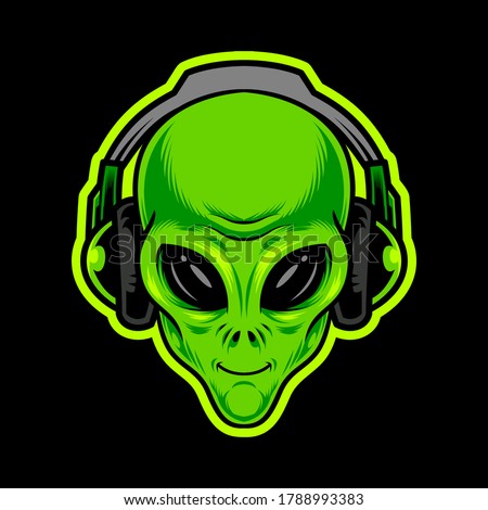 Alien green head with headphones. Vector illustration and tshirt design