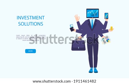 vector illustration of virtual business assistant in different types of investments. A man with six arms and a monitor for a head. Vector, on smartphone is merged all accounts, money, cards investment