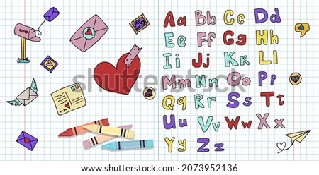 Vector handwritten font. Sketch with the English alphabet. Isolated large and small doodle letters. A notebook in a cage with a pencil and handwritten letters