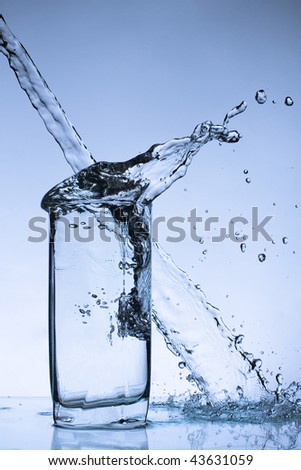 Glas of water isolated on white. Image toned in blue.