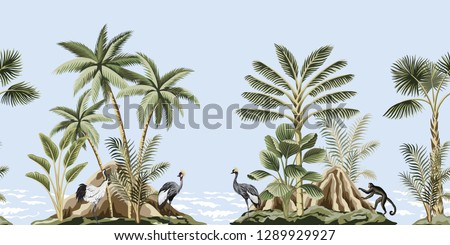 Tropical vintage botanical landscape, island, mountain, palm tree, plant, crane, monkey, sea wave floral seamless pattern blue background. Exotic green jungle animal border.