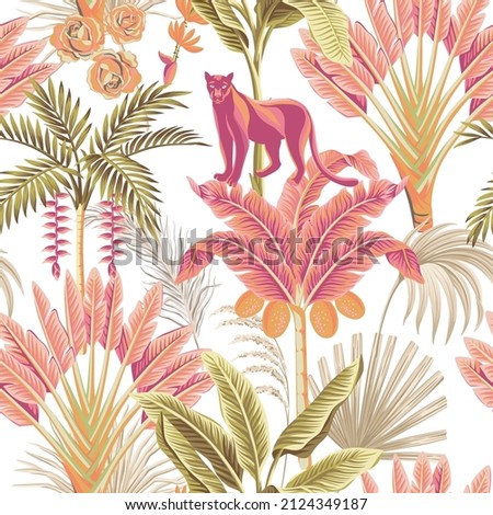 Tropical palms, palm leaves, pink panther animal seamless pattern. Exotic jungle wallpaper.