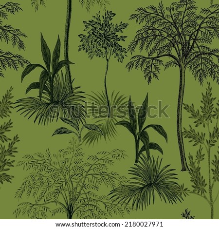 Park ink drawn trees,  banana tree summer floral seamless pattern green background. Toile landscape wallpaper.