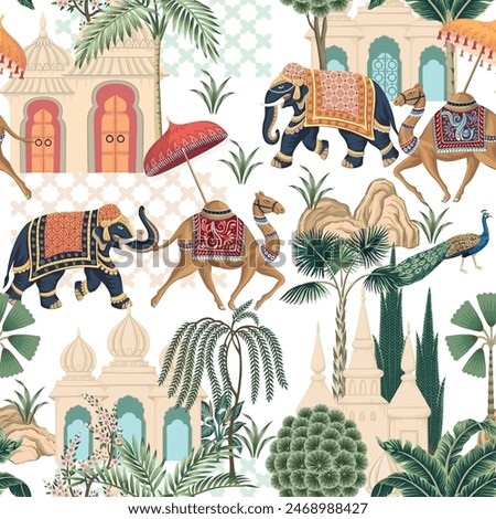 Elephant, peacock, camel and architecture in the town oriental seamless pattern. Indian wallpaper.	