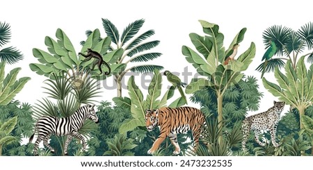 Tropical vintage botanical landscape, tiger, zebra, leopard, monkey animal, green parrot, palm tree, banana tree, plant floral seamless border white background. Exotic jungle wallpaper.	