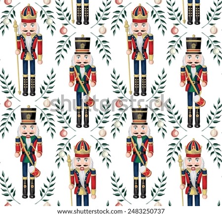 Nutcracker, branch and Christmas ball seamless pattern. Merry Christmas, New Year wallpaper.	