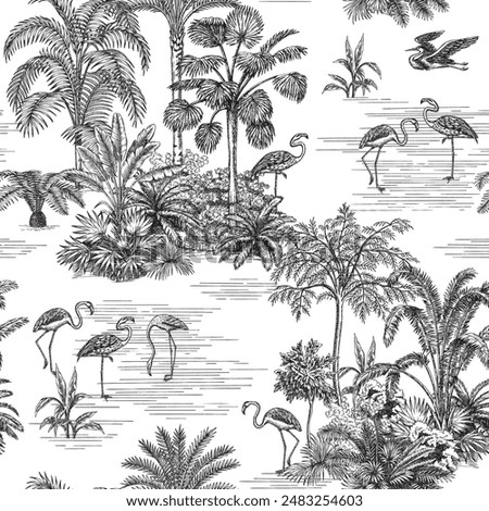 Toile flamingo bird, tropical palm trees, water seamless pattern. Jungle botanical wallpaper.