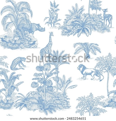 Blue toile jungle seamless pattern. Tropical palm tree, plants, African animals wallpaper.