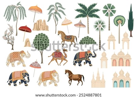 Elephant, horses, camel, palm tree, umbrella, architecture oriental set. Indian vector collection.	