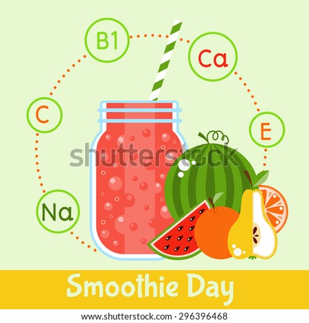 Bright smoothie with fruits and vegetables. Illustration in Flat style. Vitamin cocktail recipe healthy lifestyle