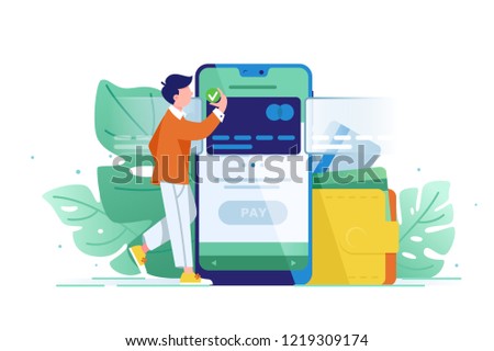 Young wealthy man pays card using mobile payment. Concept visa, web, modern, mobile translation. Vector illustration.