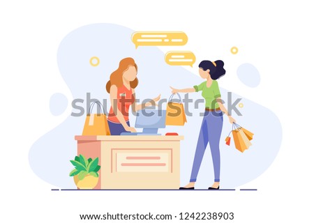 Young woman engaged in shopping and checkout her purchases. Concept girl seller, vendor, cashier with shopping bags at workplace. Vector illustration.