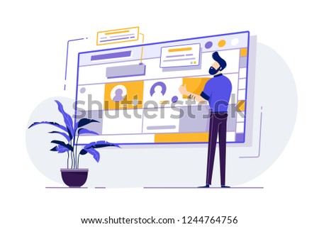 Young man with beard fills schedule calendar so as not to forget about business for work. Concept male planning days. Vector illustration.