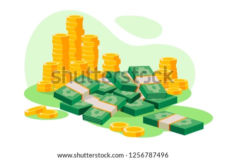 Isometric 3d golden coins, cash, wads of money. Concept bank storage, saving a lot of currency. Low poly. Vector illustration.