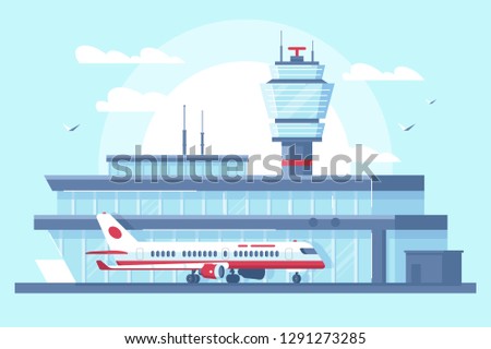 Flat airplane in airport on runway near building with tower. Concept plane vehicle with people, air trip. Vector illustration.