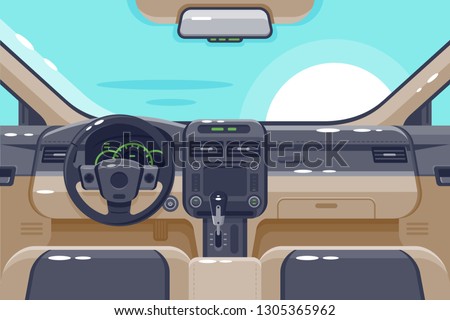 Flat insides of car interior with transmission, steering wheel, glove box, electronics and dashboard. Concept vehicle, automobile for drive, journey, trip. Vector illustration.