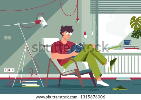 Flat man with glasses and home clothes reading book and sitting in chair. Concept relax student character, room, day. Vector illustration.