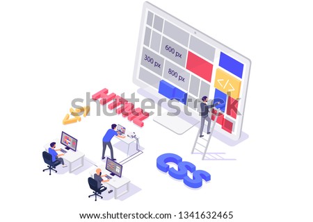 Isometric 3d teamwork building and do layout new modern site. Concept man programmer characters with online web html, css, workplace. Low poly. Vector illustration.