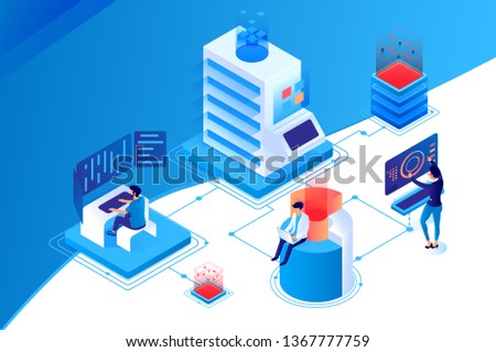 3d isometric nodal data center with workspace, diagram and laptop. Concept modern technology device, employee relationship, finance analysis. Low Poly. Vector illustration.
