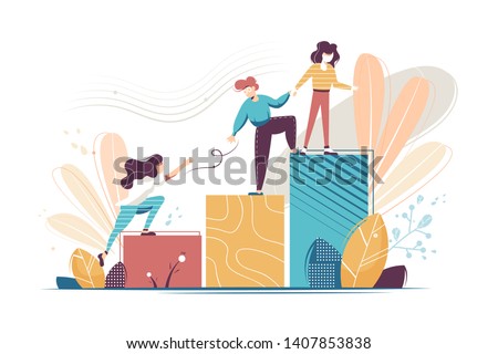 Flat young woman and man helping and growing together. Concept businessman and businesswoman characters relationship, extending a helping hand to colleague. Vector illustration.