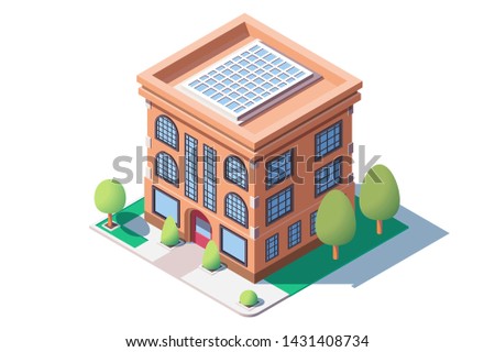 City mid rise building vector illustration. Solar panels provide modern high-tech house with energy harmless to nature. Eco home technology concept isometric 3d style