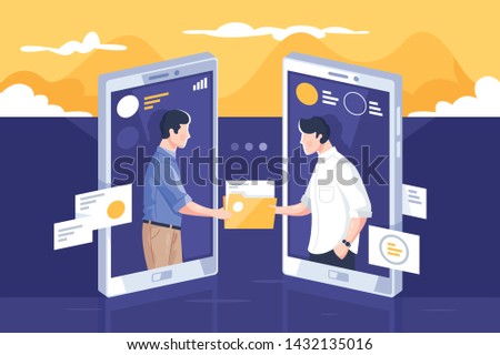 File sharing via internet vector illustration. People standing into mobile phone screens and giving paper folders through modern app flat style concept. Modern technology concept