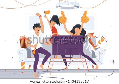 Happy people watching important match and discussing sport game. Girl in red shirt wearing fans giant yellow hands gloves with pointing finger flat style concept